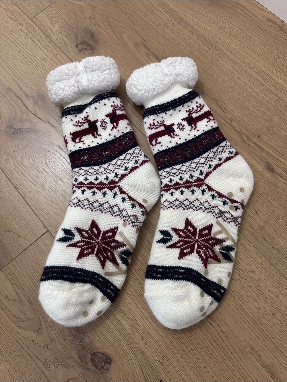 Sherpa Lined Slipper Socks Women Non Slip Winter Cozy Nordic Reindeer Snowflake